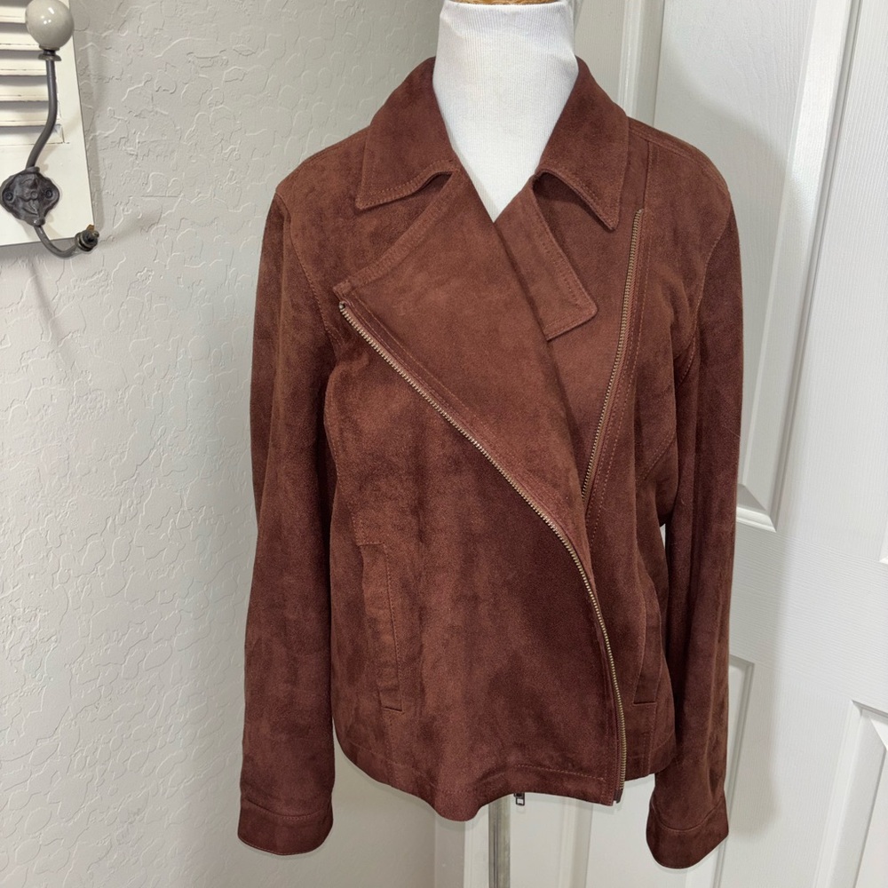 Eileen Fisher Goat Suede Moto Jacket Brown Size M